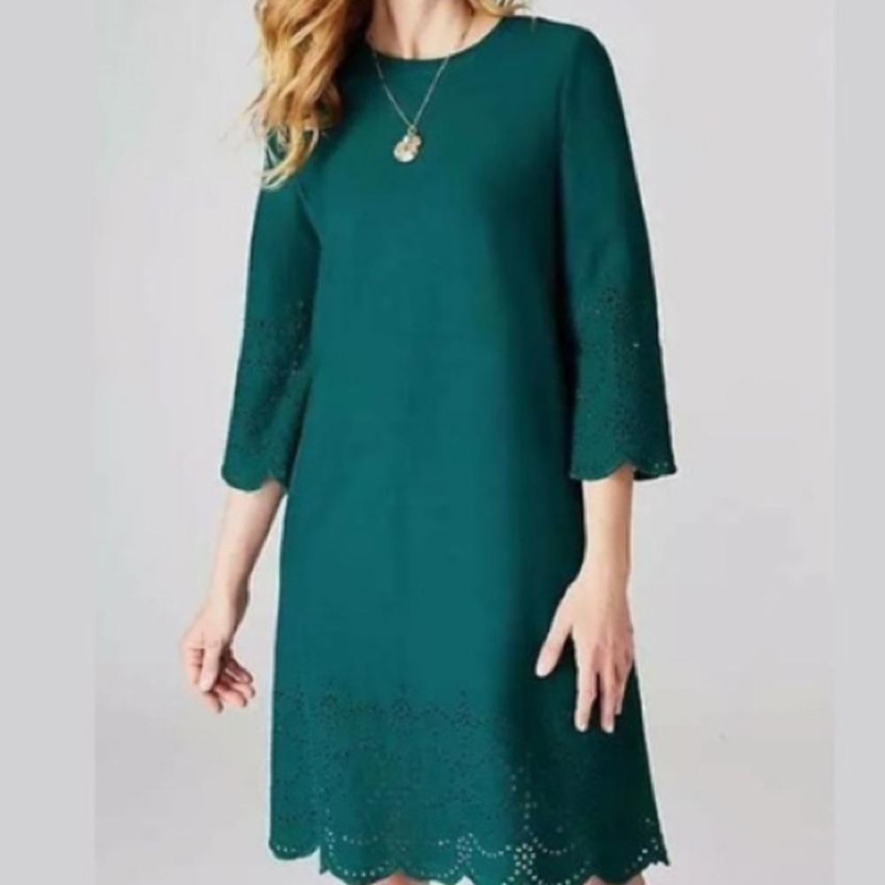 J.Jill Eyelet-Trimmed 3/4 Sleeve Crew Neck Knit Cotton Dress-Teal-Women XS
